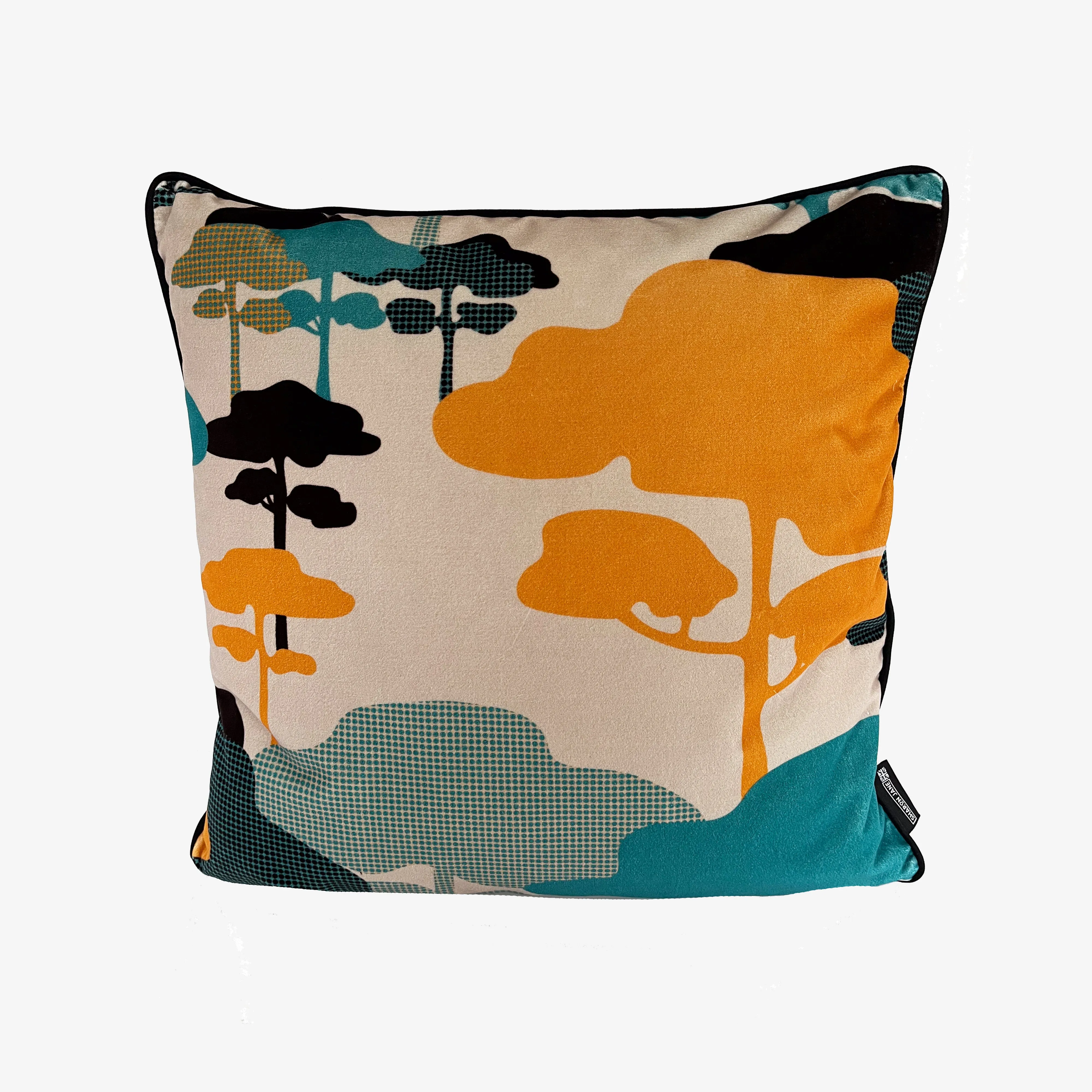 Retro Tree Velvet Cushion - Tangerine   Turquoise
