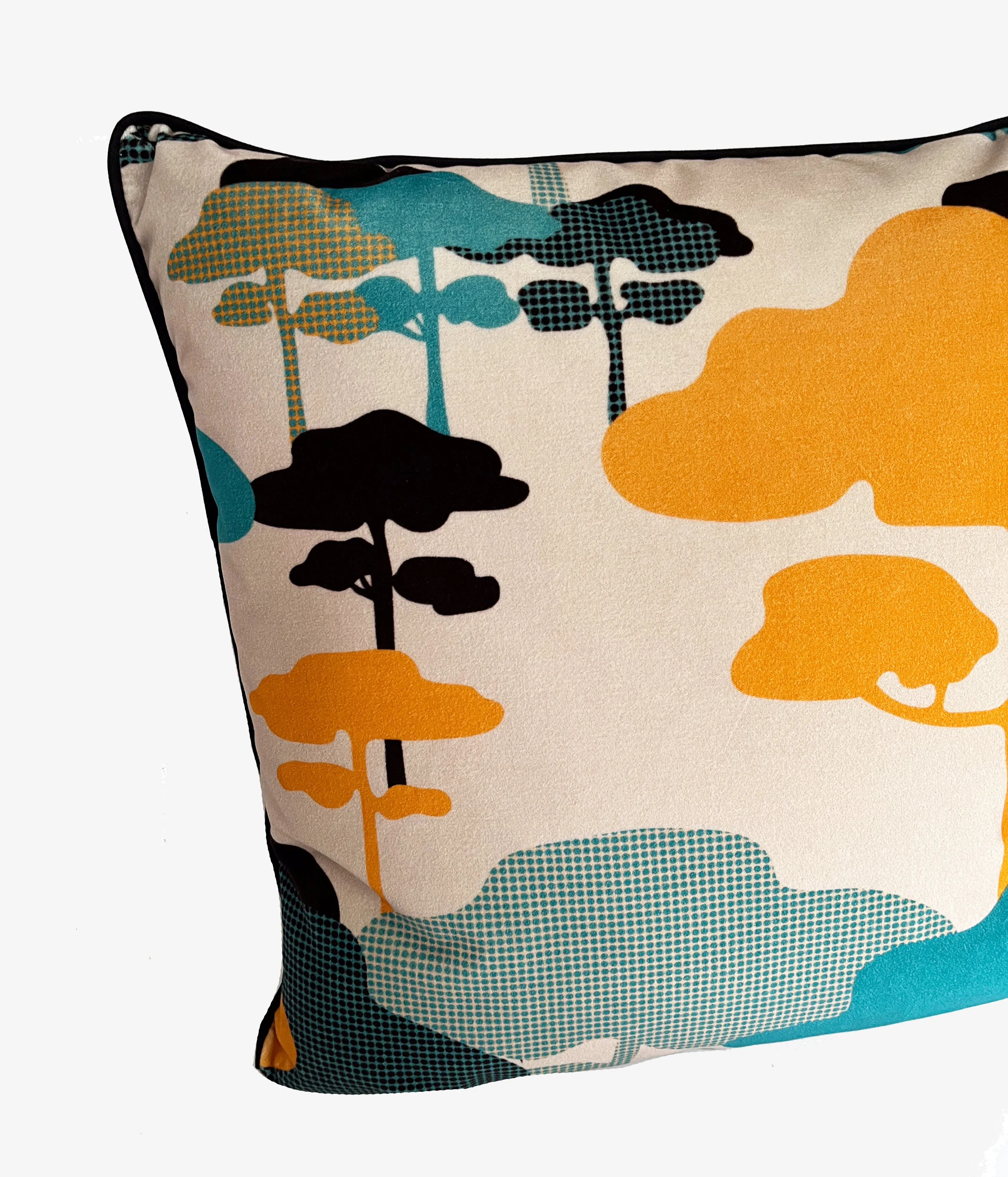 Retro Tree Velvet Cushion - Tangerine   Turquoise