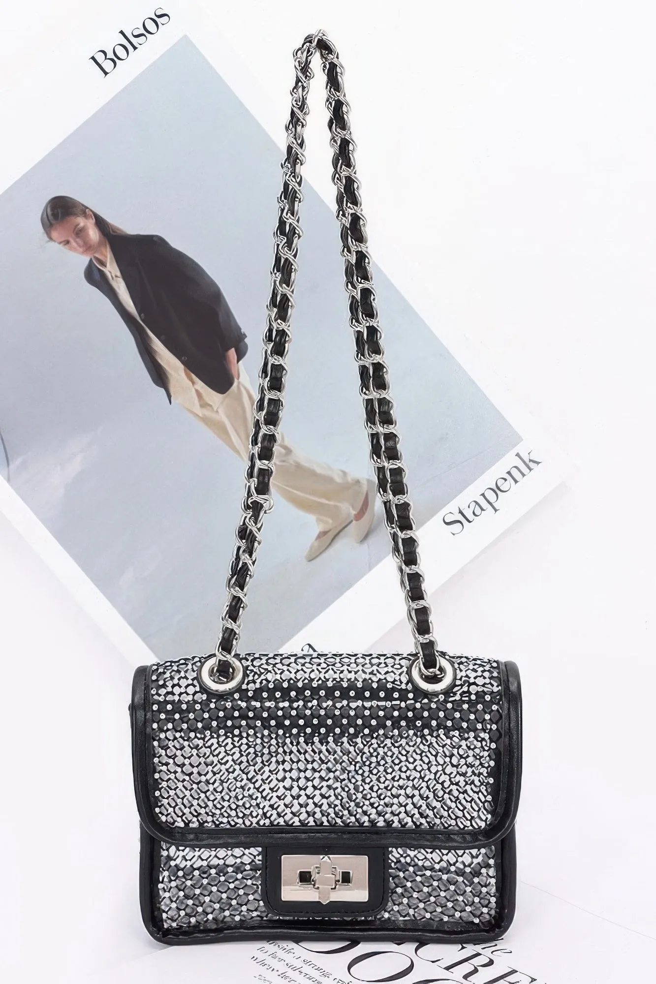 Rhinestone Mesh Flap Shoulder Bag