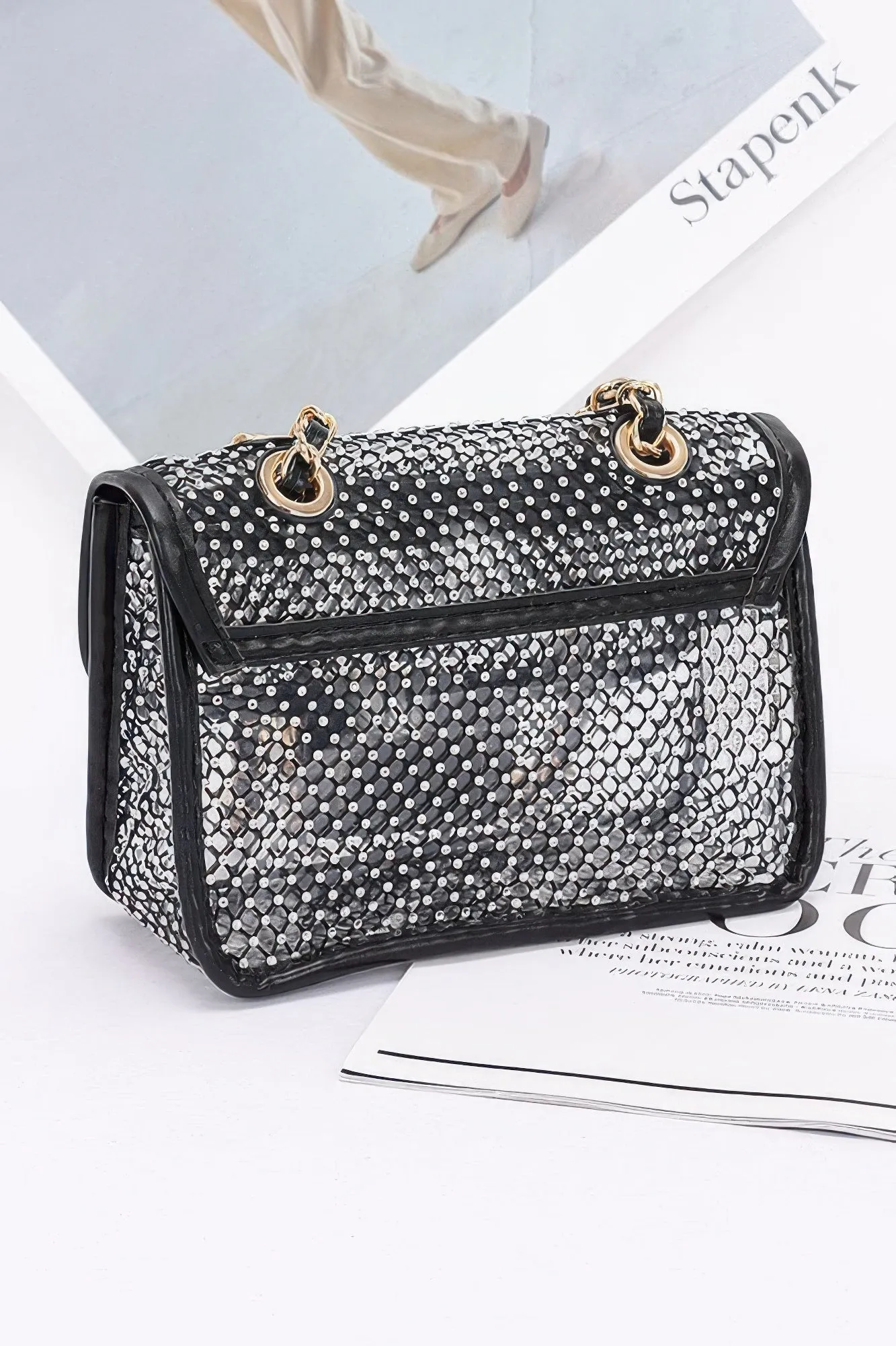 Rhinestone Mesh Flap Shoulder Bag