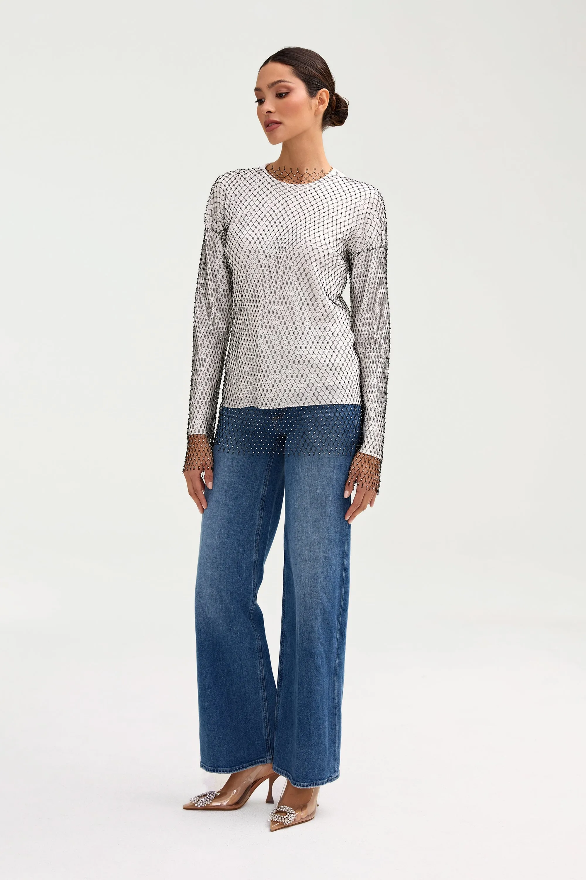 Sania Crystal Satin Top - White