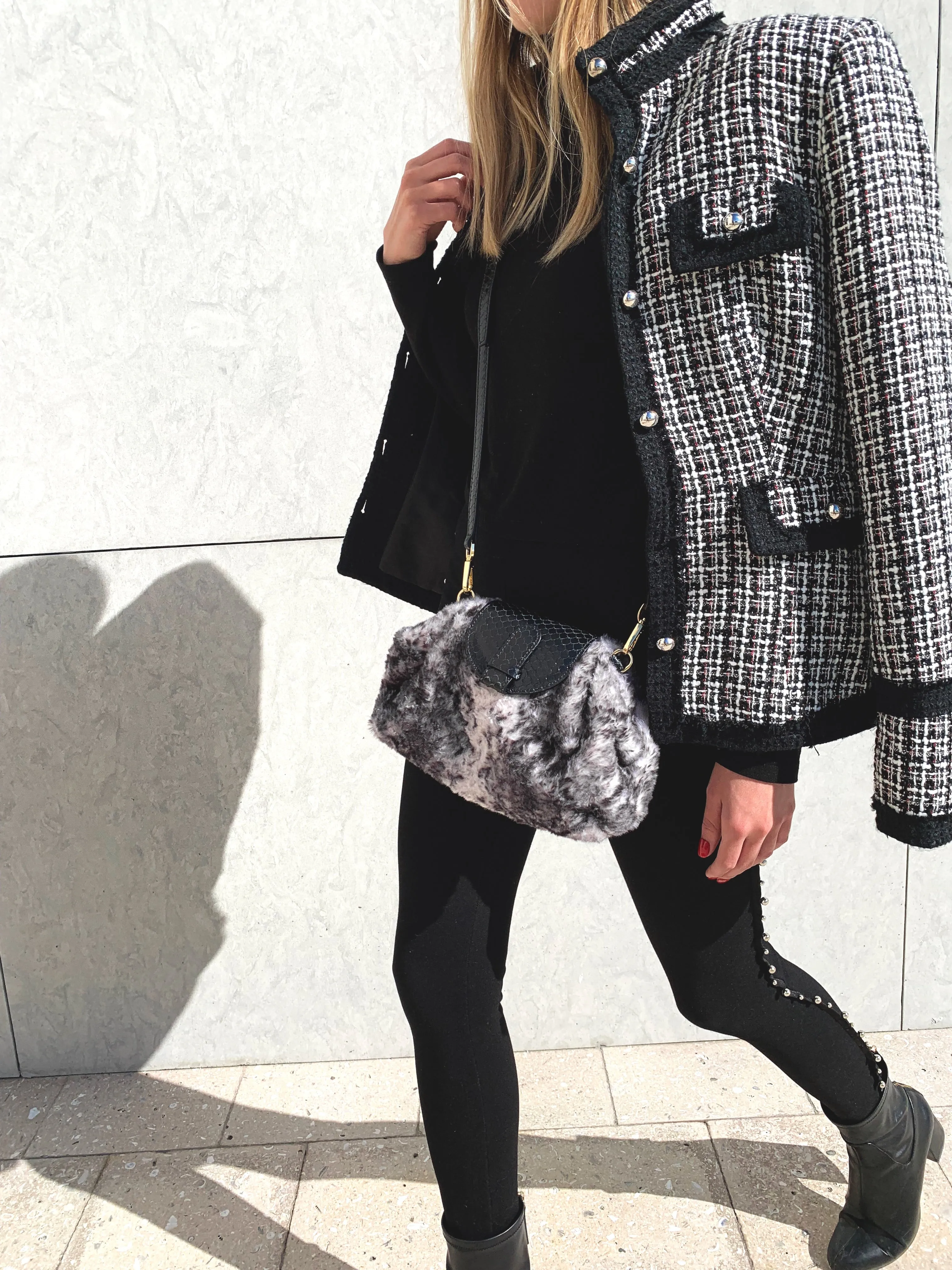 Serena in Faux Fur/Black Leather with Tortuga Chain