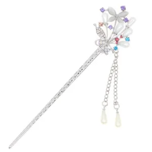 Silver Finish Rhinestone and Glass Pearl Floral Hair Stick with Tassels