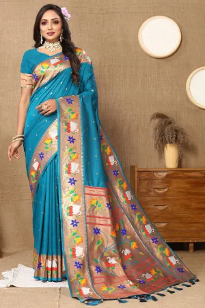 Sumptuous Firozi Paithani Silk Saree With Divine Blouse Piece