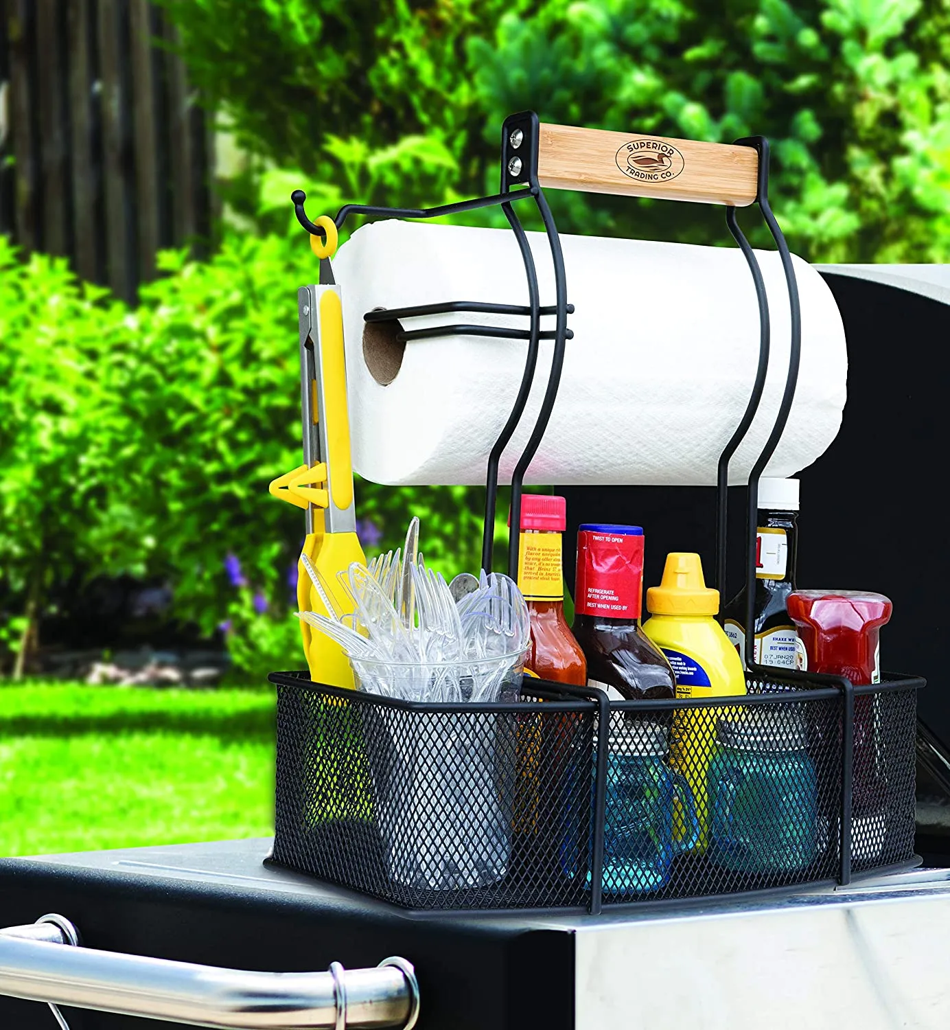 Superior Trading Co. Steel Caddy for Organizing Paper Towels, Condiments, Tools for Grill, BBQ, Picnics, Household Cleaning, Garage, Cars Caddy, Black, Large
