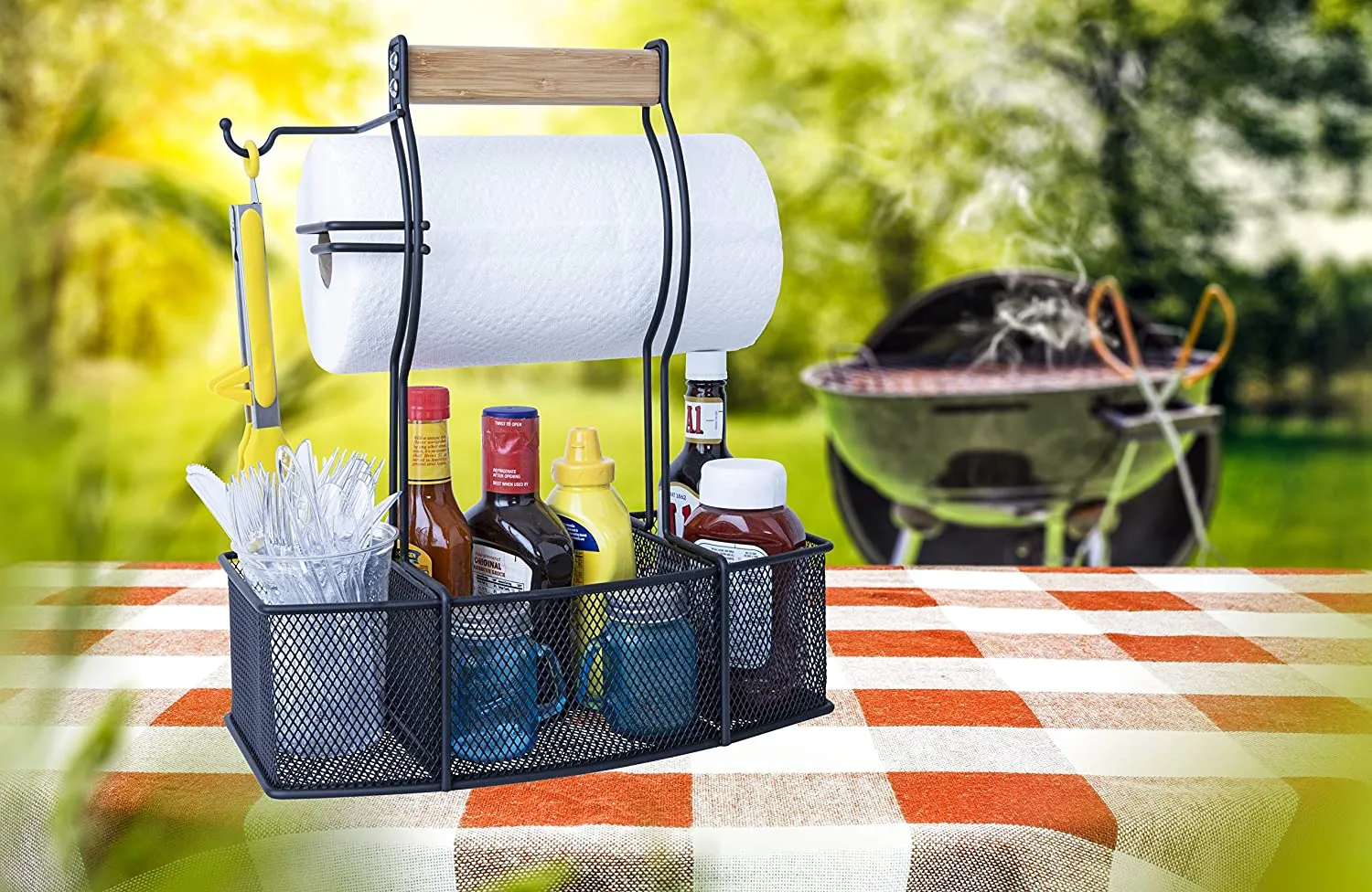 Superior Trading Co. Steel Caddy for Organizing Paper Towels, Condiments, Tools for Grill, BBQ, Picnics, Household Cleaning, Garage, Cars Caddy, Black, Large