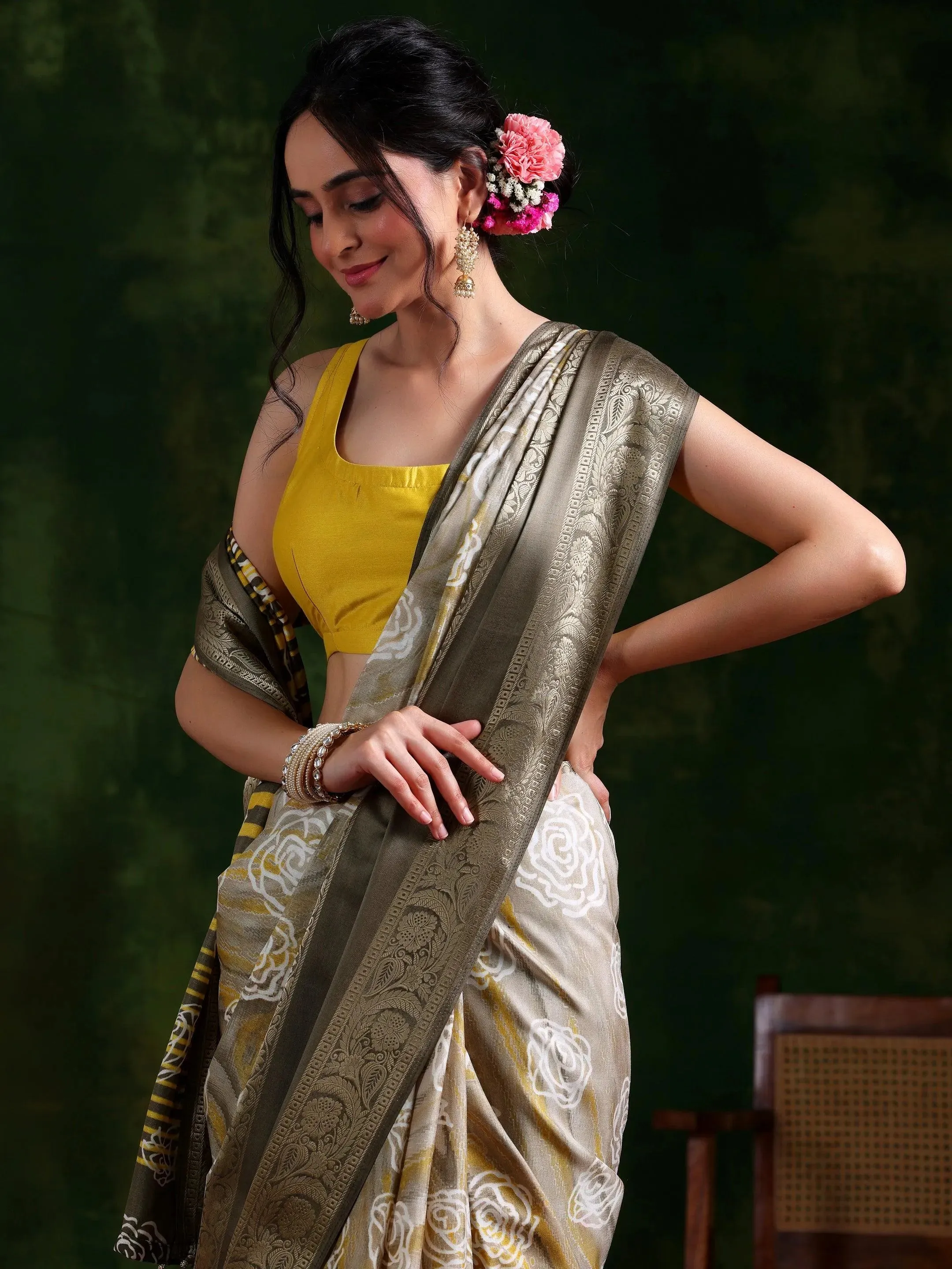 Taupe Printed Silk Blend Saree With Unstitched Blouse Piece