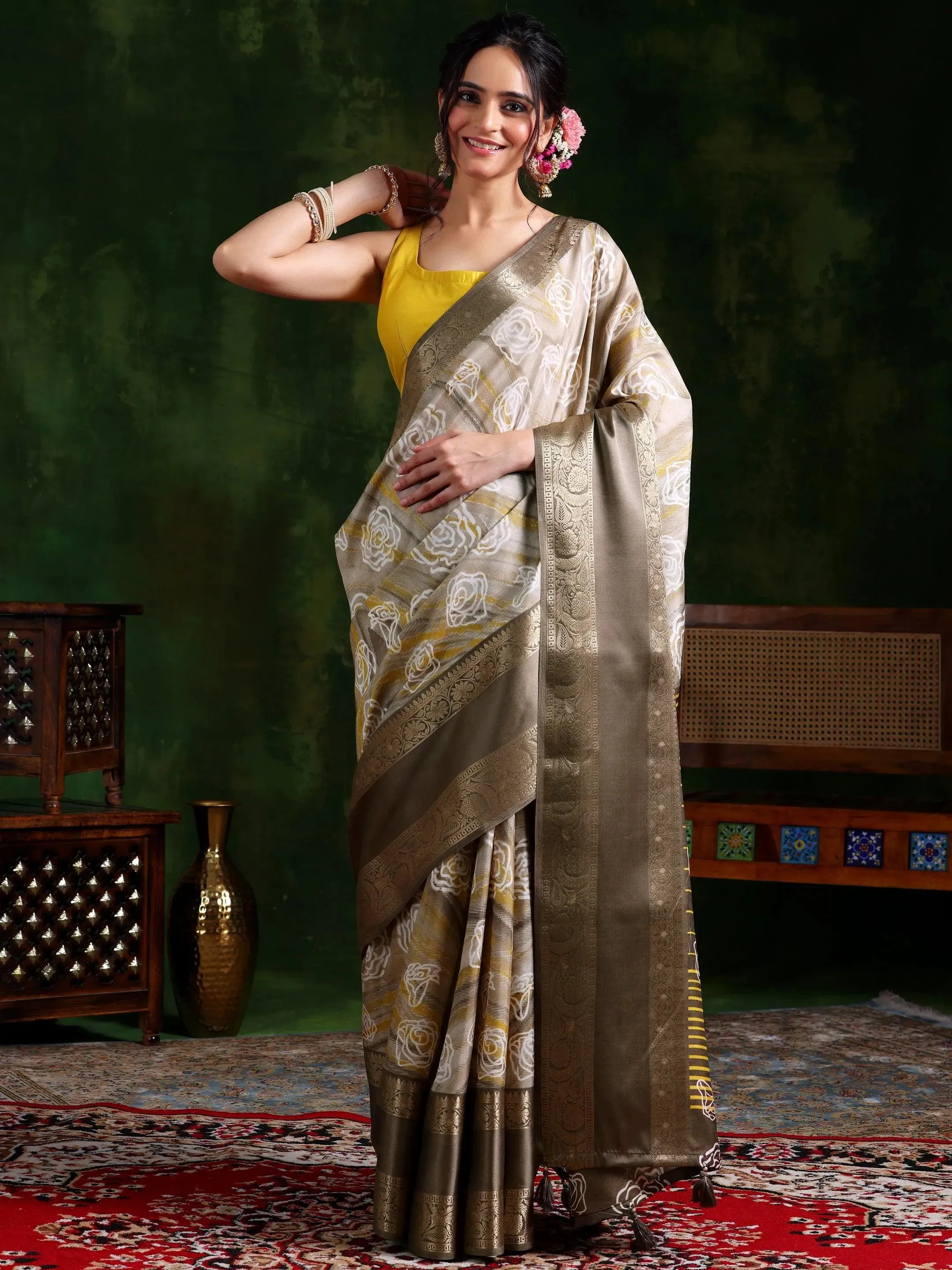 Taupe Printed Silk Blend Saree With Unstitched Blouse Piece