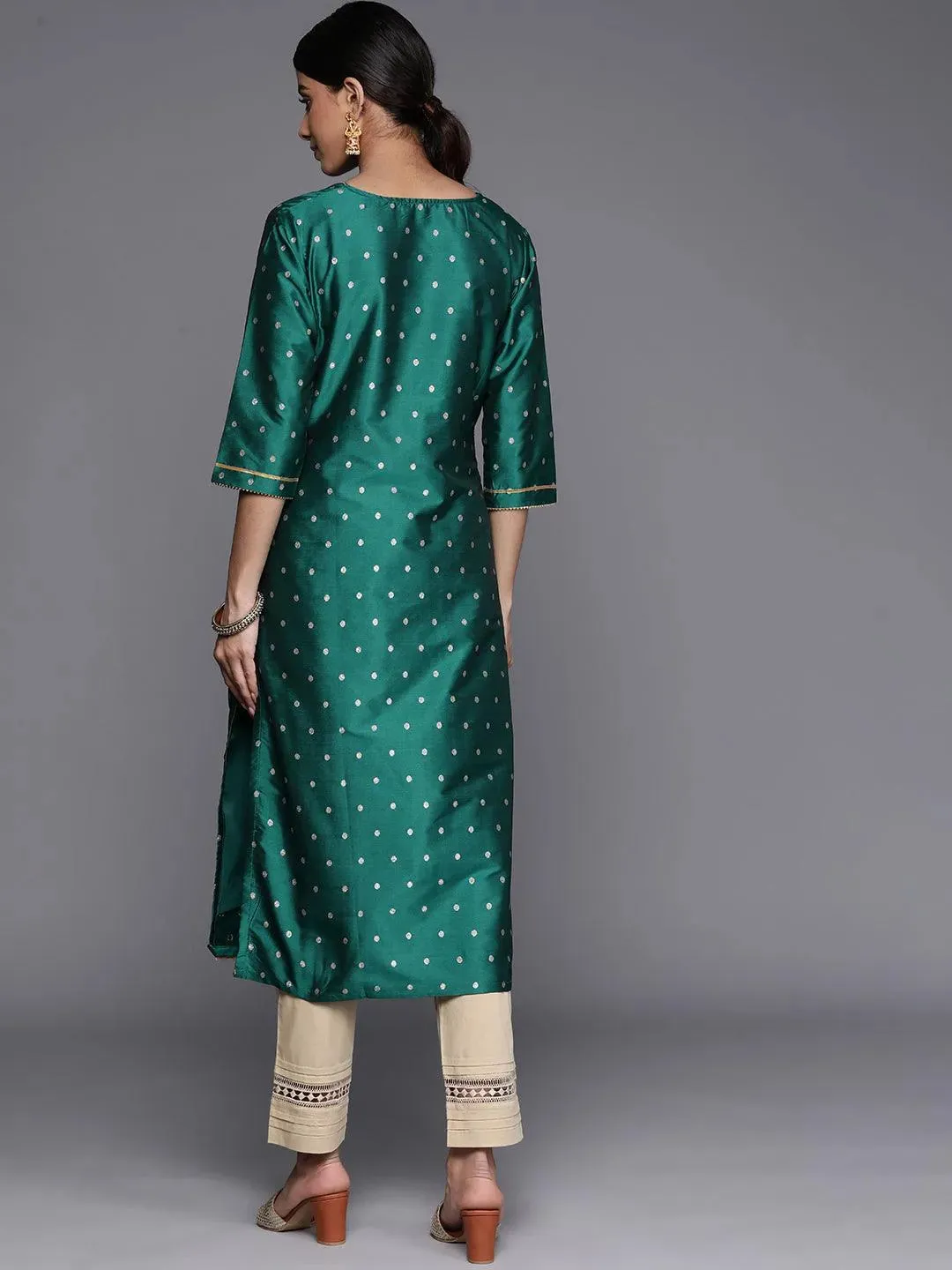 Teal Woven Design Art Silk Straight Kurta