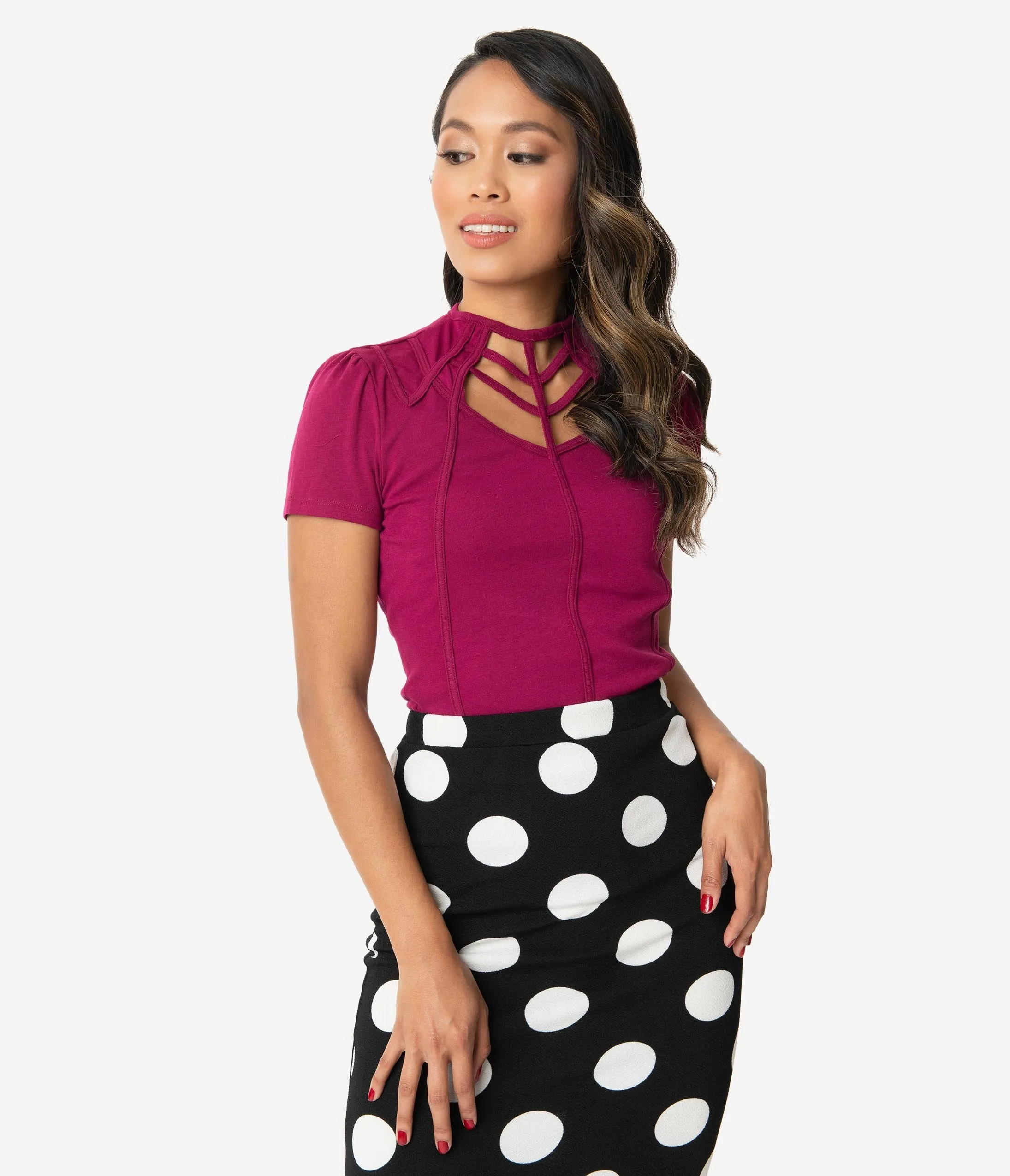 Unique Vintage Magenta Cage Knit Short Sleeve Lanie Top
