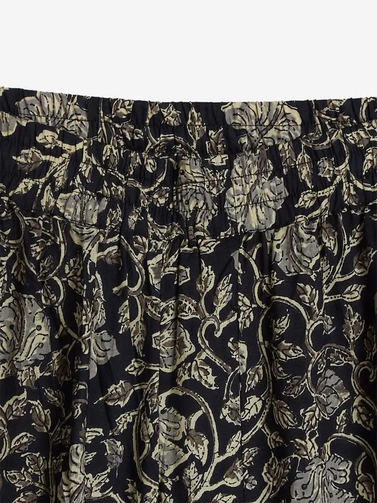 Utsa Black Floral Print Flared Palazzos