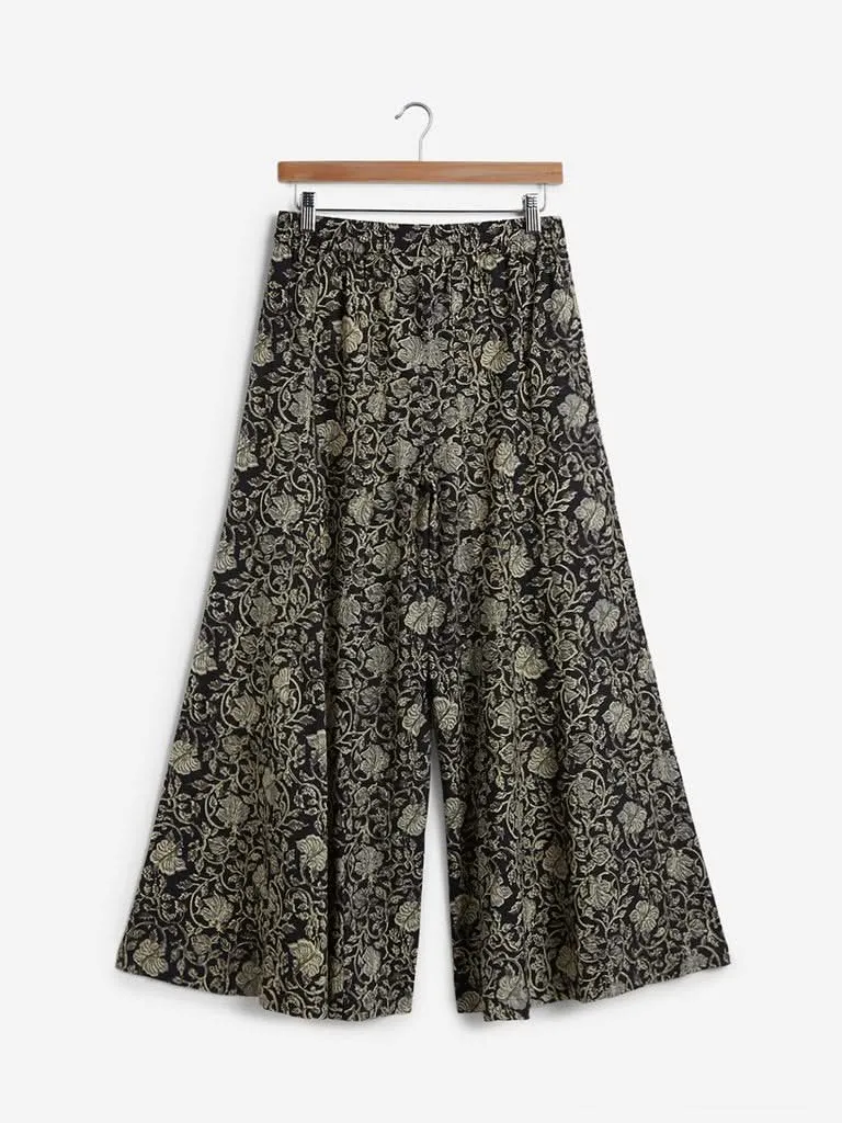 Utsa Black Floral Print Flared Palazzos