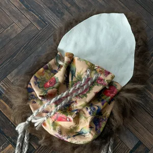 Viking Belt Pouch Purse - Handmade Sheepskin Brown and Floral Birds