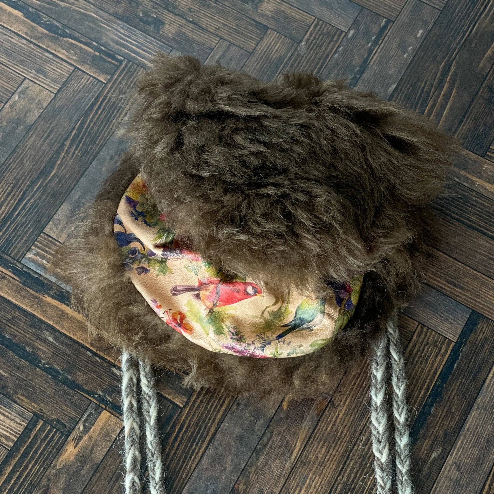 Viking Belt Pouch Purse - Handmade Sheepskin Brown and Floral Birds