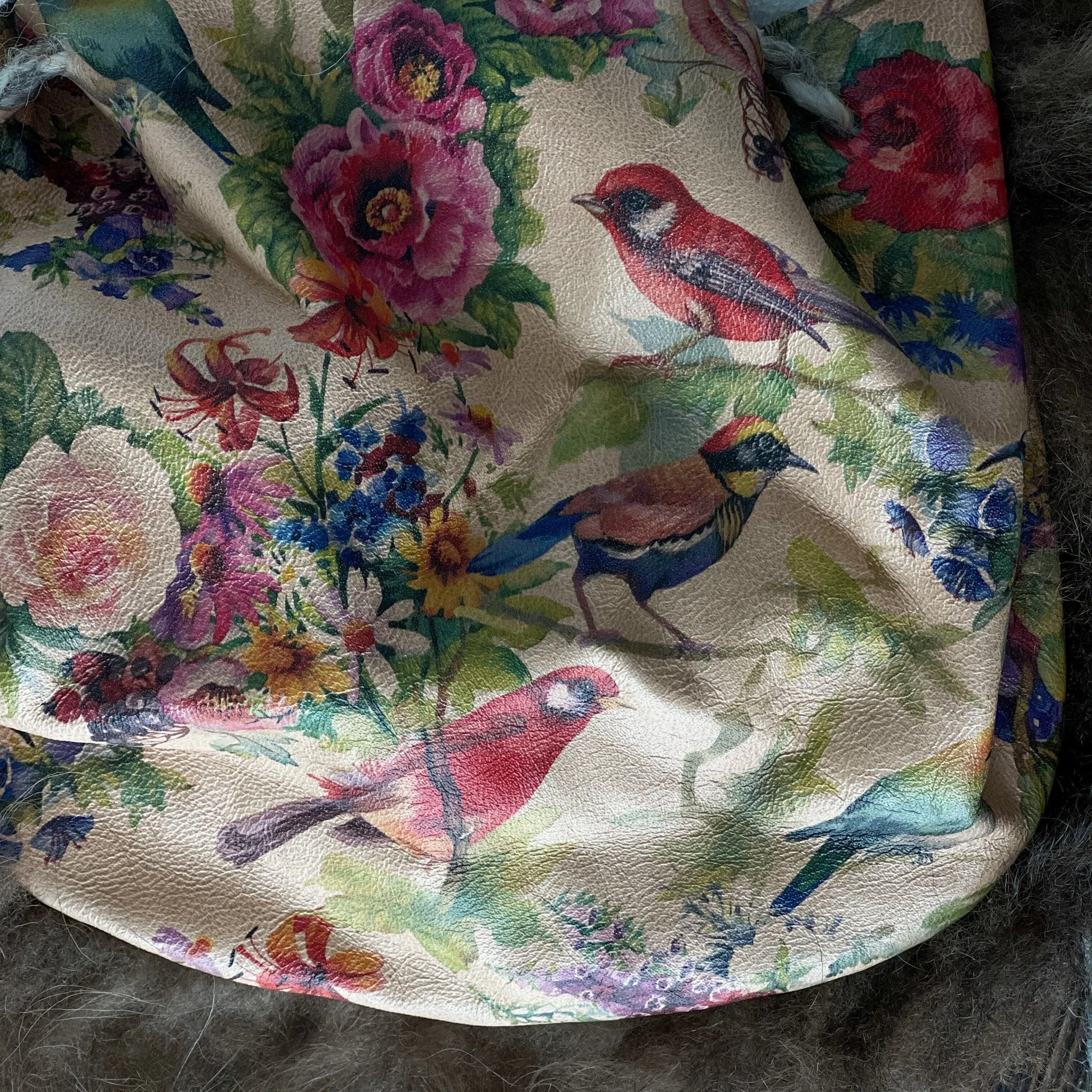 Viking Belt Pouch Purse - Handmade Sheepskin Brown and Floral Birds
