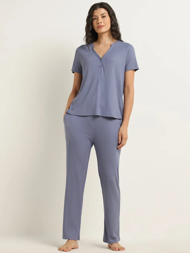 Wunderlove Blue Ribbed Textured Top