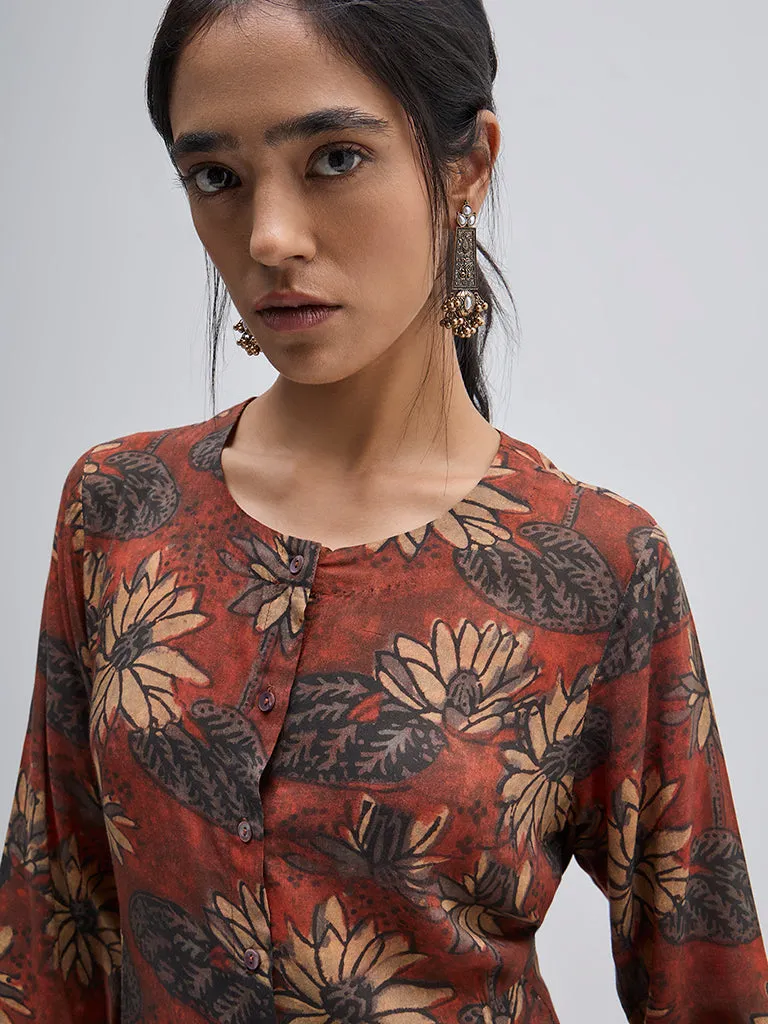 Zuba Brown Floral Printed A-Line Kurta