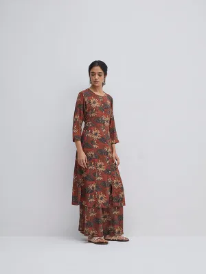 Zuba Brown Floral Printed A-Line Kurta